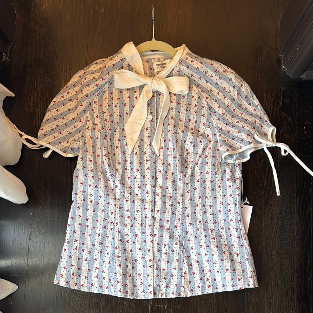 Unique Vintage Cherry Print Blouse with Bow